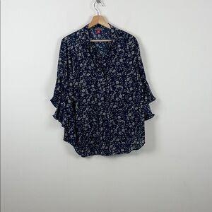 Vince Camuto Floral V Neck 3/4 Button Flutter Sleeve Navy Blue Women's 1X Top